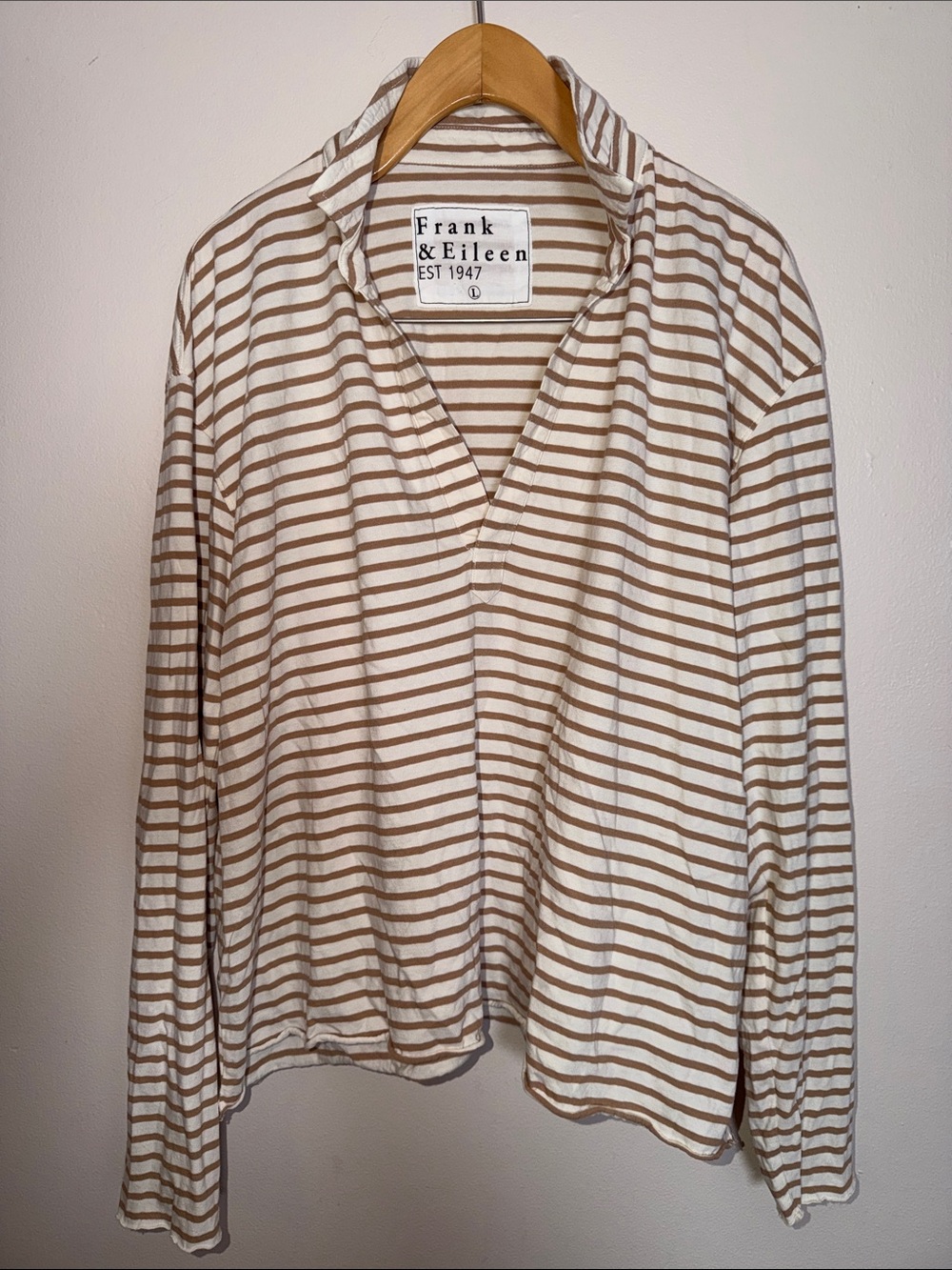 Frank & Eileen Patrick Popover Henley Vintage White and Camel Stripe Size L - Picture 3 of 9